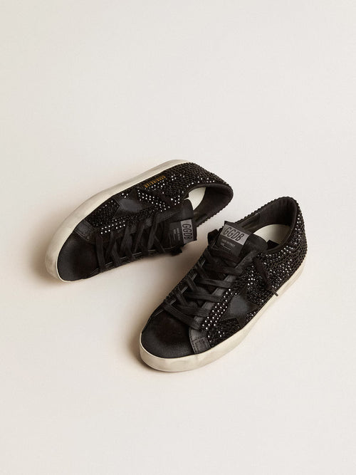 GOLDEN GOOSE Super - Star in black suede with Swarovski crystals and black suede star | 黃金鵝 Super - Star 黑色麂皮款,搭配施華洛世奇水晶與黑色麂皮星星(黑色) - LondonKelly 英國名牌代購