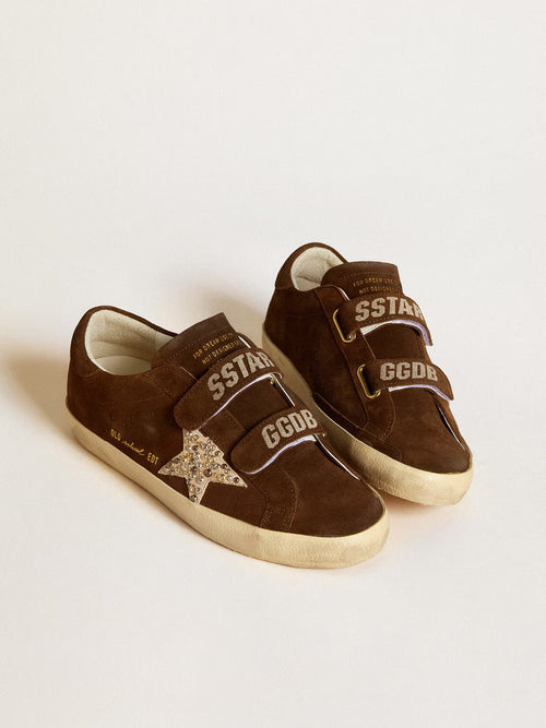 GOLDEN GOOSE Women's Old School in brown suede with beige suede star with studs and pearls | 黃金鵝 女款 Old School 棕色麂皮款,搭配米色麂皮星星並飾以鉚釘與珍珠(棕色) - LondonKelly 英國名牌代購