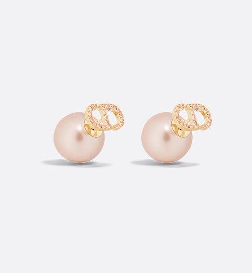 CHRISTIAN DIOR Dior Tribales Earrings Gold-Finish Metal with Iridescent Pink Resin Pearls and Pink Crystals | Dior Earrings (Pink) 