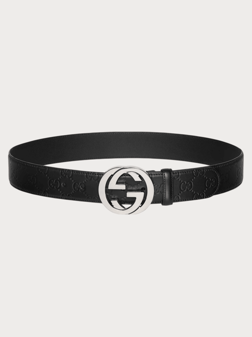 GUCCI Men's Belt with Interlocking G Buckle Signature Leather(Black) - LONDONKELLY 英國名牌代購